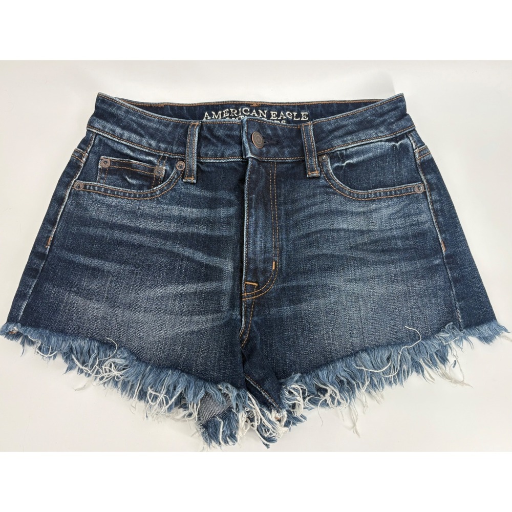American Eagle Vintage Hi-Rise Festival Denim Shorts Dark Wash Frayed Hem Size 0 - Picture 2 of 7
